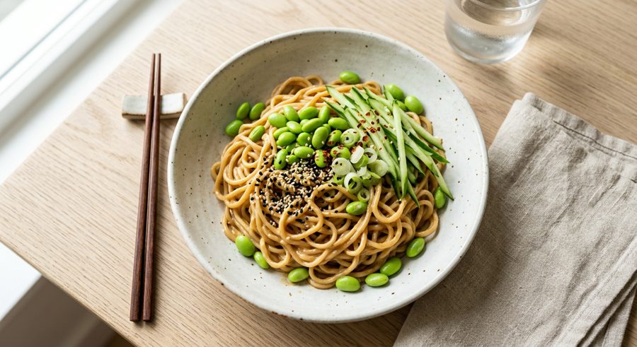 Sesame Noodles with Edamame served and ready to eat