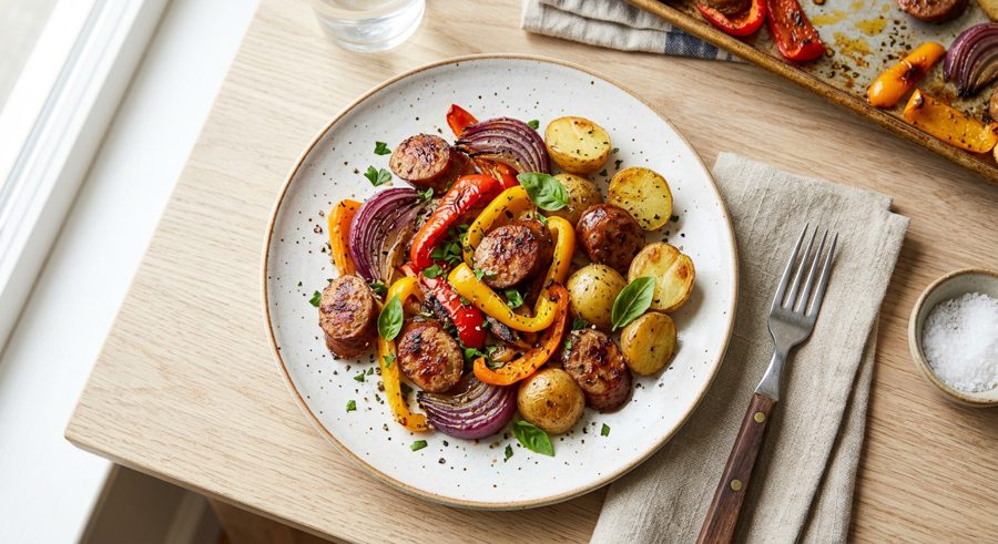 Sheet Pan Sausage & Peppers served and ready to eat
