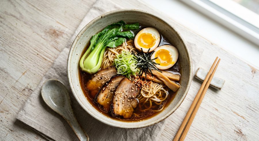 Shoyu Ramen with Soft Egg served and ready to eat