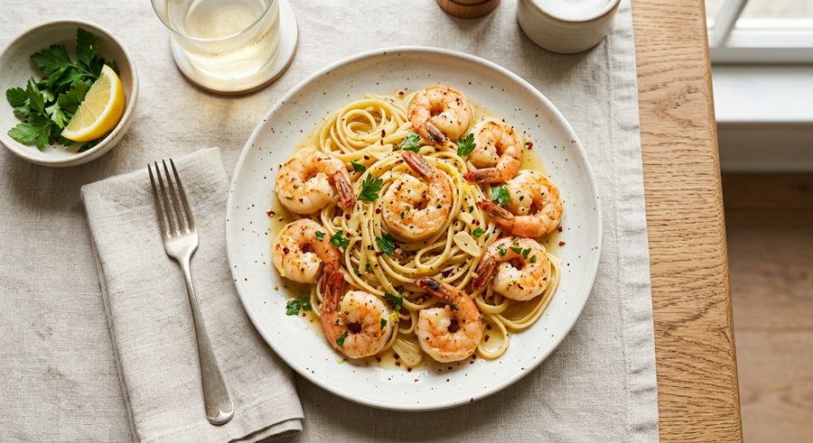 Shrimp Scampi served and ready to eat