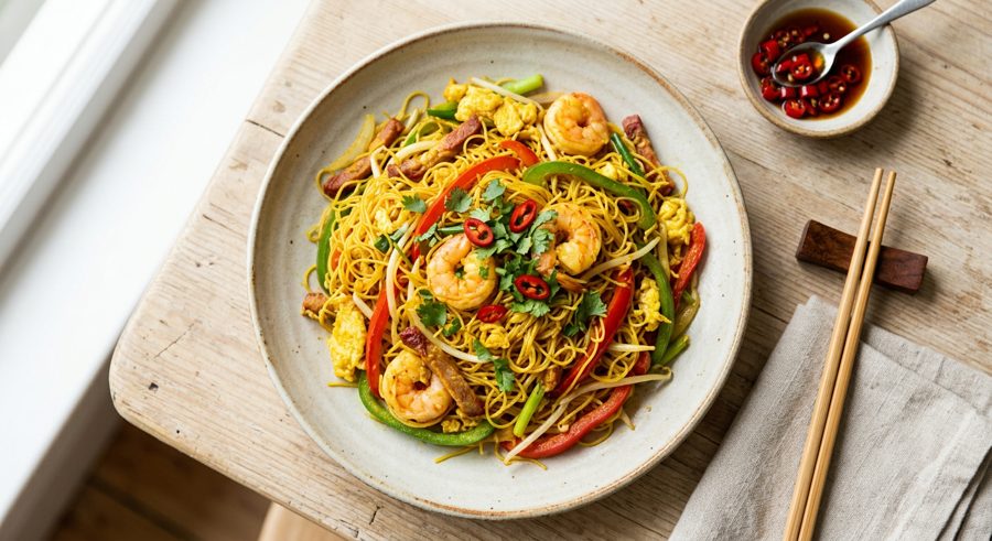 Singapore Noodles served and ready to eat
