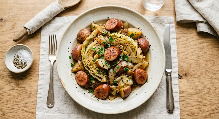 Smoked Sausage & Cabbage served and ready to eat