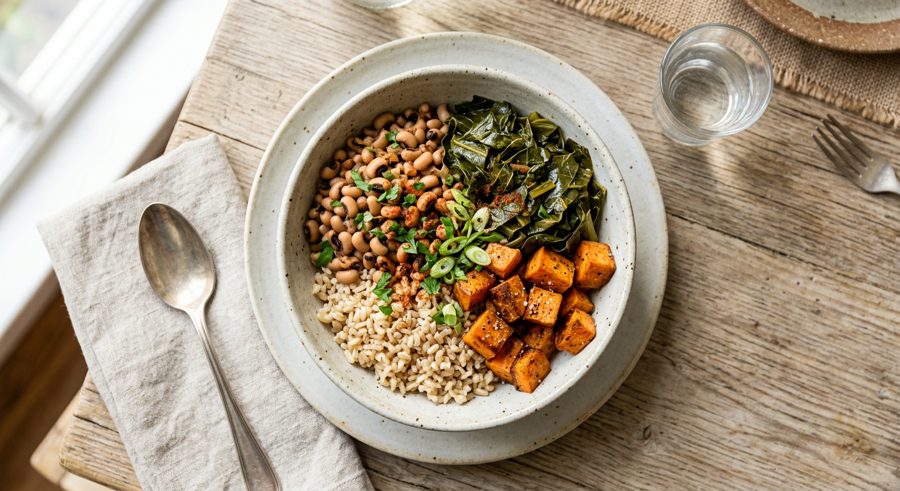 Black-Eyed Pea & Collard Bowl served and ready to eat