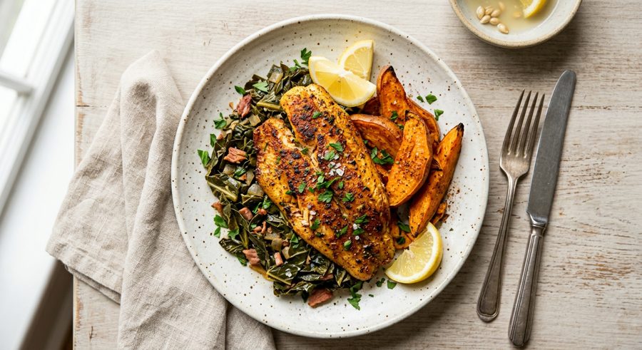 Spice-Roasted Catfish & Collards served and ready to eat