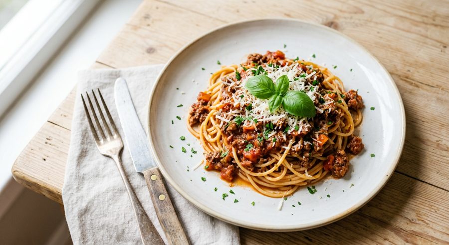 Spaghetti Bolognese served and ready to eat