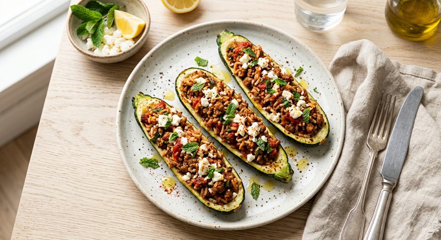 Stuffed Zucchini Boats served and ready to eat