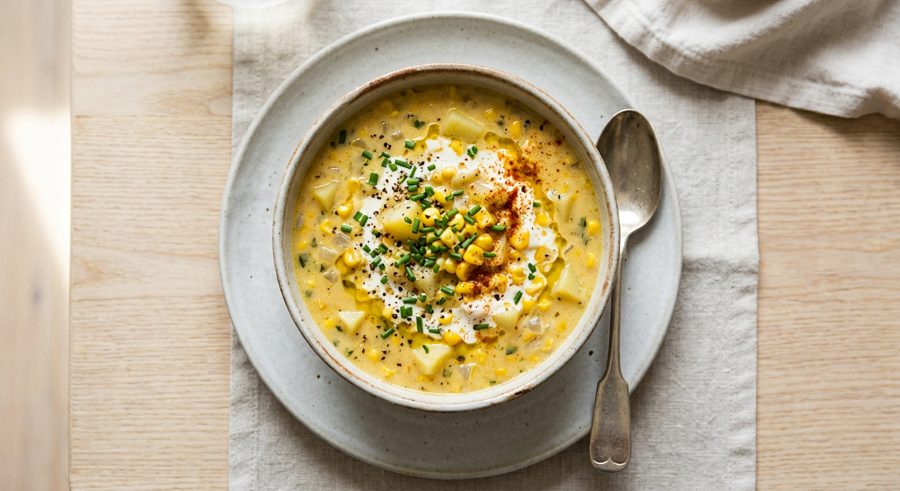 Sweet Corn Chowder served and ready to eat