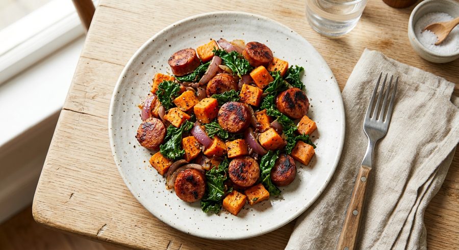 Sweet Potato & Sausage Skillet served and ready to eat