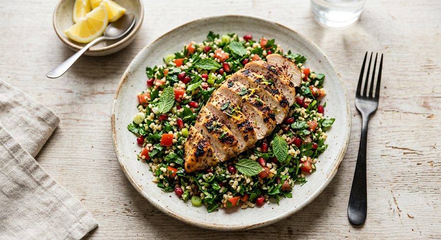 Tabbouleh with Grilled Chicken served and ready to eat