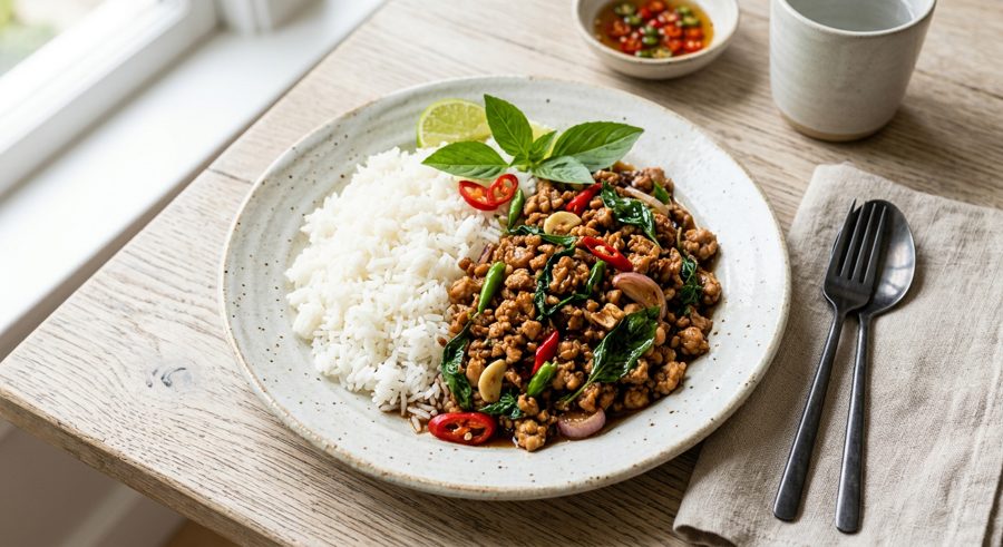 Thai Basil Chicken served and ready to eat