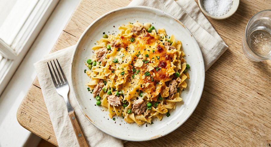 Tuna Noodle Casserole served and ready to eat