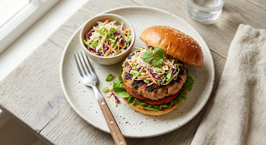 Turkey Burgers with Crunchy Slaw served and ready to eat