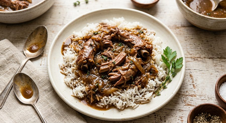 Turkey Neck Gravy over Rice served and ready to eat