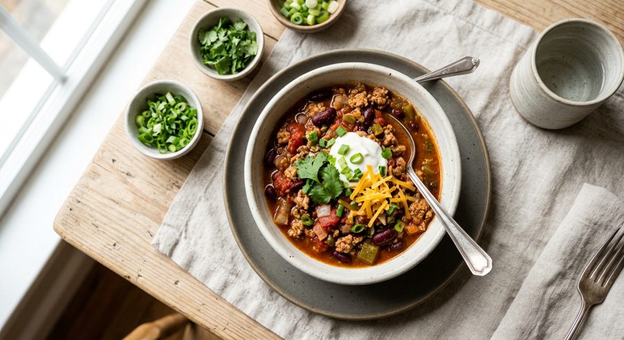 Weeknight Turkey Chili served and ready to eat