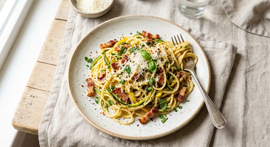 Zucchini Carbonara served and ready to eat